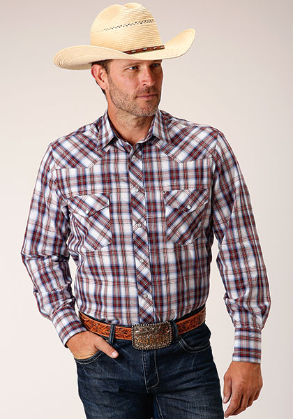 Roper Plaid Long Sleeve Snap Front Western Shirt - Navy, Red & Tan - Men's Western Shirts | Spur Western Wear