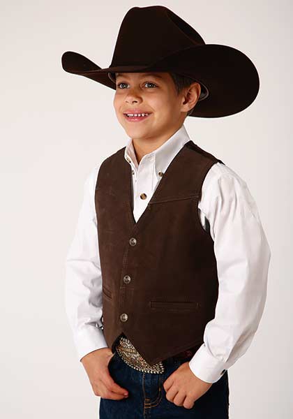 Roper Satin Back Dark Brown  Suede Leather Western Vest-Boys ' Leather Western Vests and Jackets | Spur Western Wear