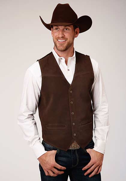 Roper Satin Back Dark Brown Suede Leather Western Vest - Men's