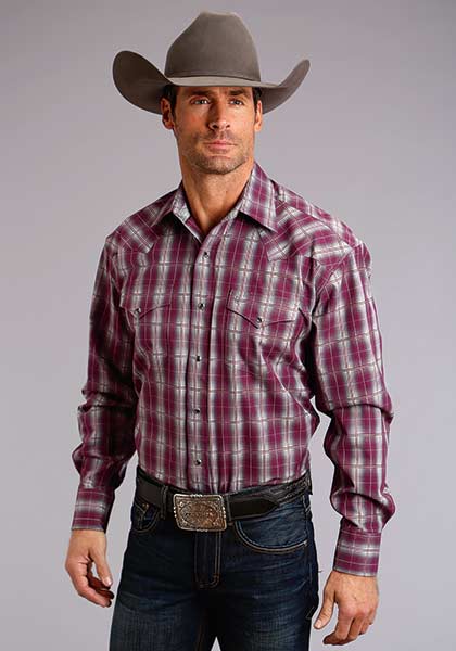 Stetson Wine Plaid Long Sleeve Snap Western Shirt, - Men's Western Shirts