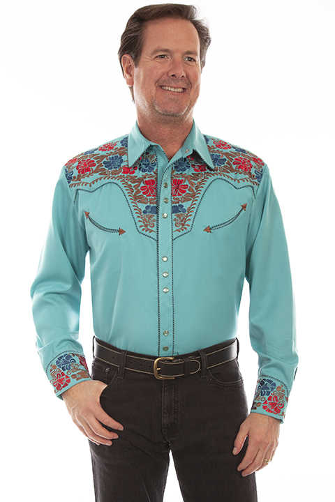 Scully Gunfighter Long Sleeve Snap Front Western Shirt - Turquoise with ...