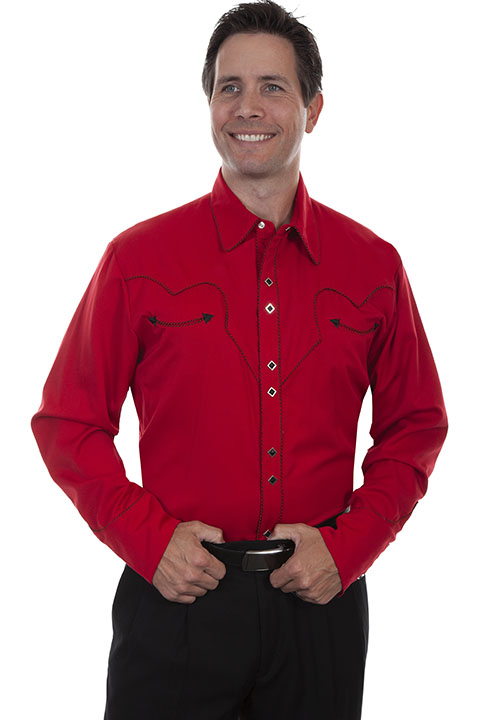 Scully Long Sleeve Snap Front  Western Shirt - RED With Black Stitch Piping  - Men's Retro Western Shirts | Spur Western Wear