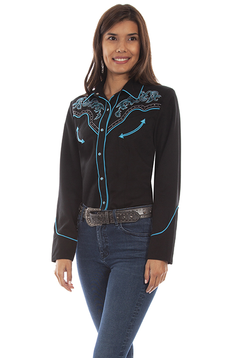 Scully  Floral Embroidered Western Shirt - Black - Ladies' Retro Western Shirts | Spur Western Wear