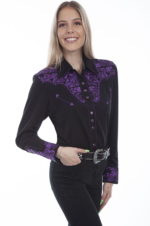 Scully Gunfighter Long Sleeve Snap Front Western Shirt - Black with Purple Roses - Ladies' Retro 
