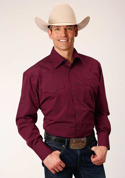 Roper Poplin Long Sleeve Snap Front Western Shirt - Wine- ,- Men's Western Shirts | Spur Western Wear