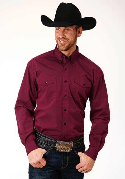 Roper Poplin Long Sleeve Button Front Western Shirt - Wine,- Men's Western Shirts | Spur Western Wear