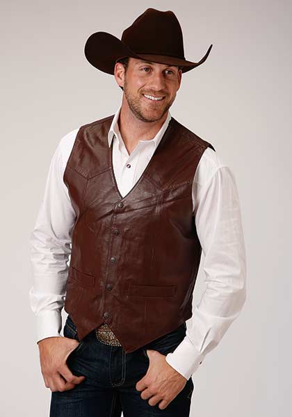 Roper Lamb Leather Western Vest - Dark Brown - Men's Leather Western Vests and Jackets | Spur Western Wear