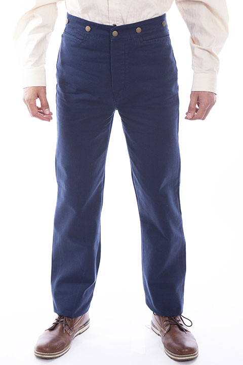 Description: Durable 100% cotton canvas pant worn by both men and women. These pants are designed to emulate the style and fit of how these pants were actually worn in the 1800's.. Back then, the pants had a very high rise in the front and back. the original design was a spin off to the waist overalls miners wore.. By removing the upper part of the overall & making a pant that could be worn with or without suspenders, made the pant more versatile.. However the rise on these first "jeans" were still very high. this high rise was practical for the cowboy as well.. As it also allowed him to have access to his/her pant pockets while astraddle a horse. the waistband will fit higher above the waist than another jean. We suggest to purchase a size higher than what one would usually purchase because of the high rise.. Import - machine wash cold, tumble dry low or dry clean..