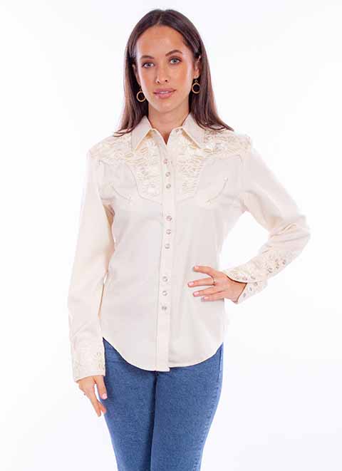 Scully Gunfighter Long Sleeve Snap Front Western Shirt - Black with Crimson Roses - Ladies' Retro Western Shirts | Spur Western Wear