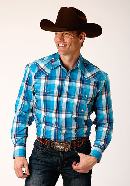 This Roper Plaid Men's Long Sleeve Western  Shirt In Tall Sizes Features A Aqua and Blue Ombre Plaid Yarn Dyed Fabric with a Spread Collar. One Point Front And a Keystone Back Yoke. Snap Front. Two Flap Snap Pockets.   Snap Cuffs.  Regular sizes available-05-01-01-778-7028BU