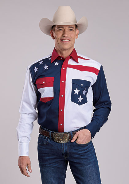 Americana Collection Men's Long Sleeve Shirt * Snap Front * 1 Pt Curved Front & Back Yokes * 2 One Point Pkts & Flaps * Emb Stars On Rt Front Yoke And Left Pocket * Pieced Stripes On Left Front Yoke And Right Pocket * Roper "R" Embroidery