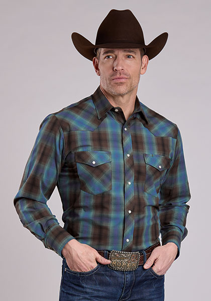 Roper Plaid Long Sleeve Snap Front Western Shirt --Cobalt/chocolate - Men's Western Shirts | Spur Western Wear
