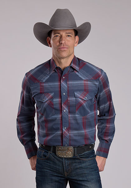 Roper Plaid Long Sleeve Snap Front Western Shirt -Grey and Wine Plaid- Men's Western Shirts | Spur Western Wear